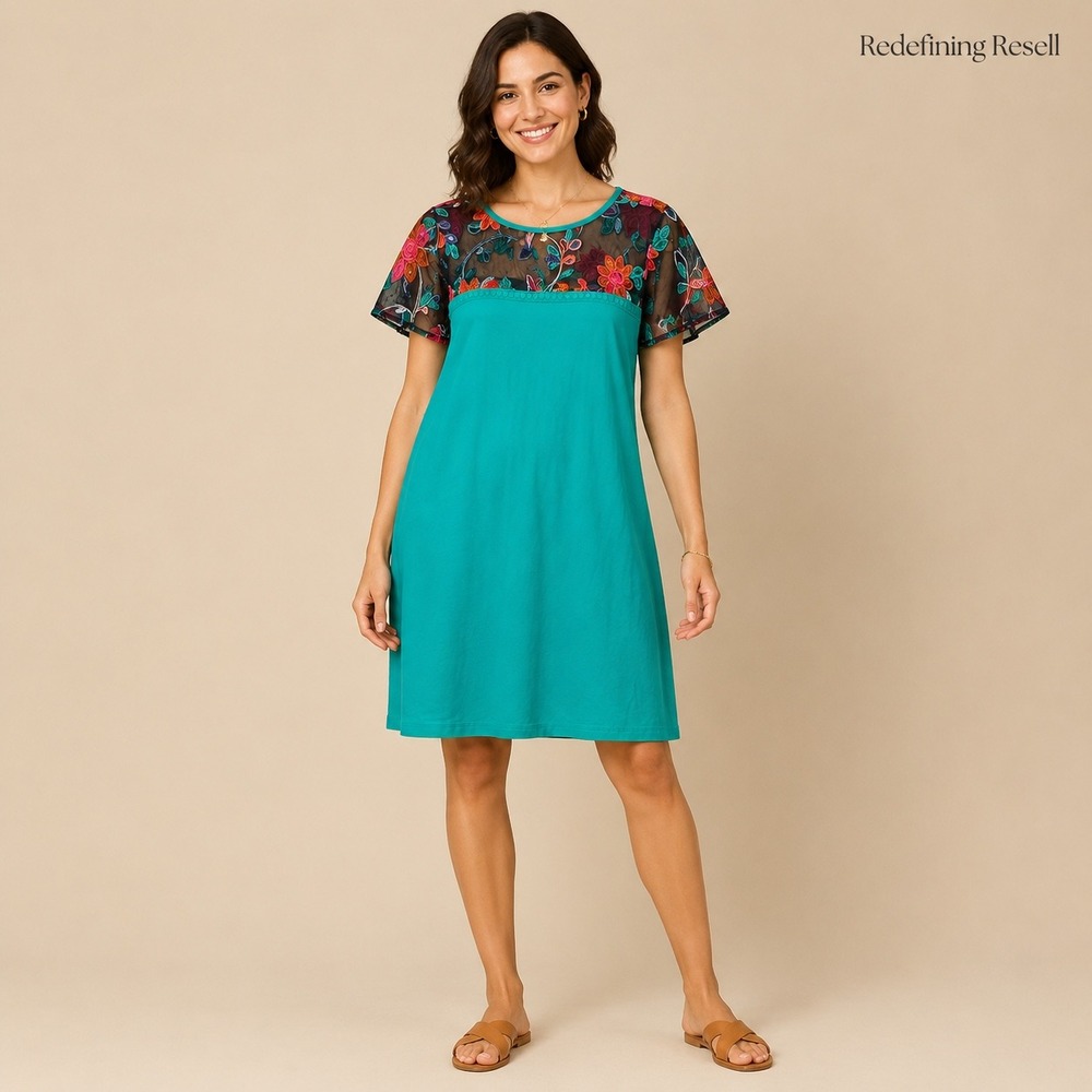 AGB Dress Womens Small Teal Floral Embroidered Mesh Yoke Short Sleeve A-Line